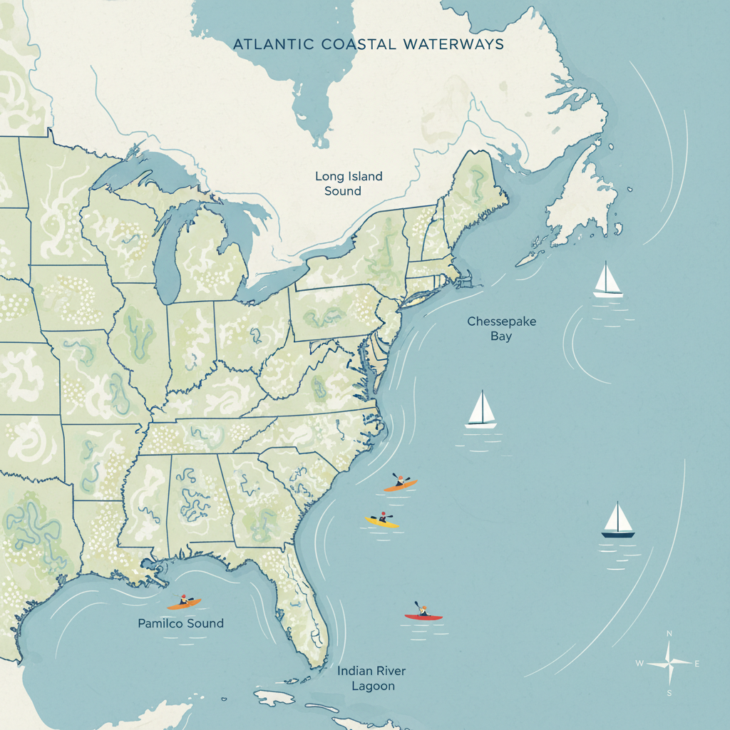 Map-style view of U.S. coastal sounds with boats and marsh inlets