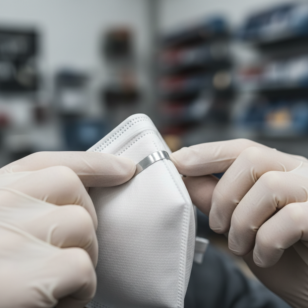 Close-up of adjusting nose clip on a disposable respirator for a tight seal