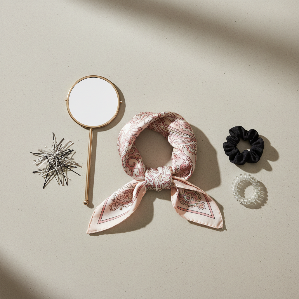 Step-by-step hair scarf styling setup with pins and scarf on vanity