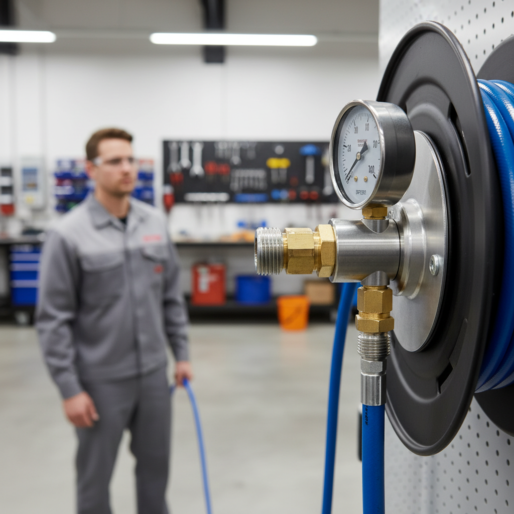 Technician checking compressed air hose reel fittings and pressure gauge