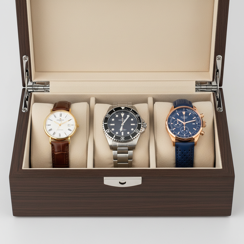 Watch box interior with cushions showing fit for different watch sizes