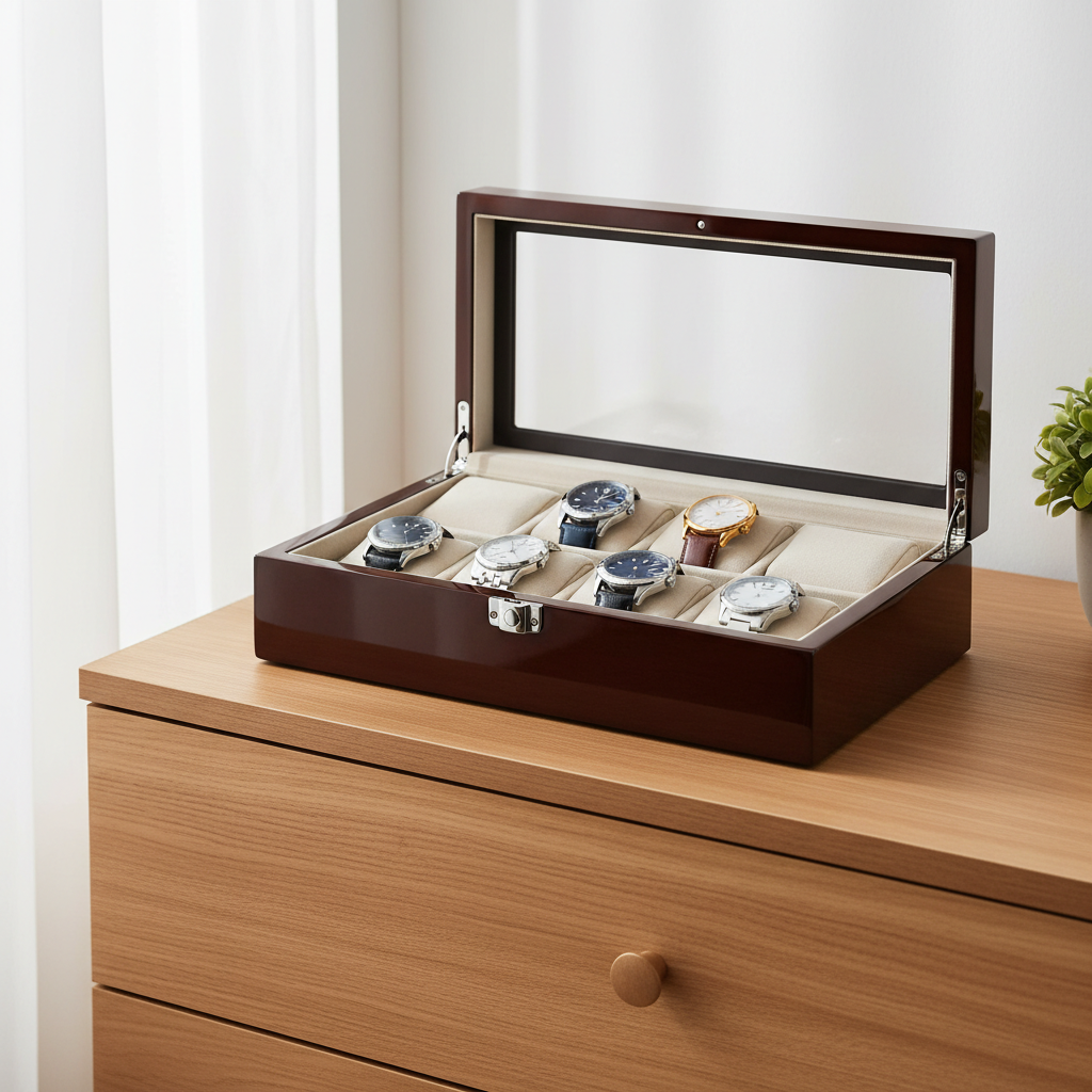 Men’s watch box storage case on dresser with organized watch collection