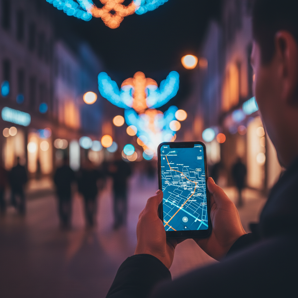 Traveler checking light festival route on phone with city lights in background