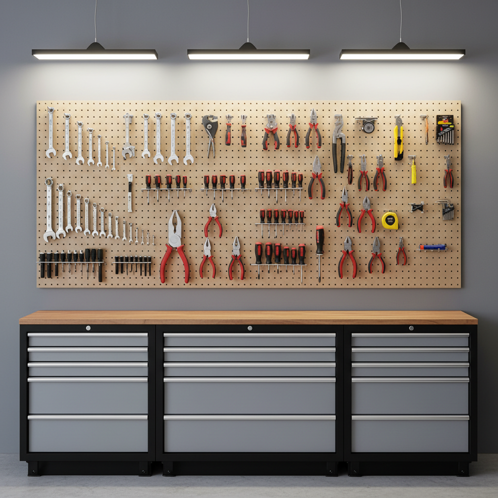 Organized garage wall with pegboard hook set holding hand tools neatly