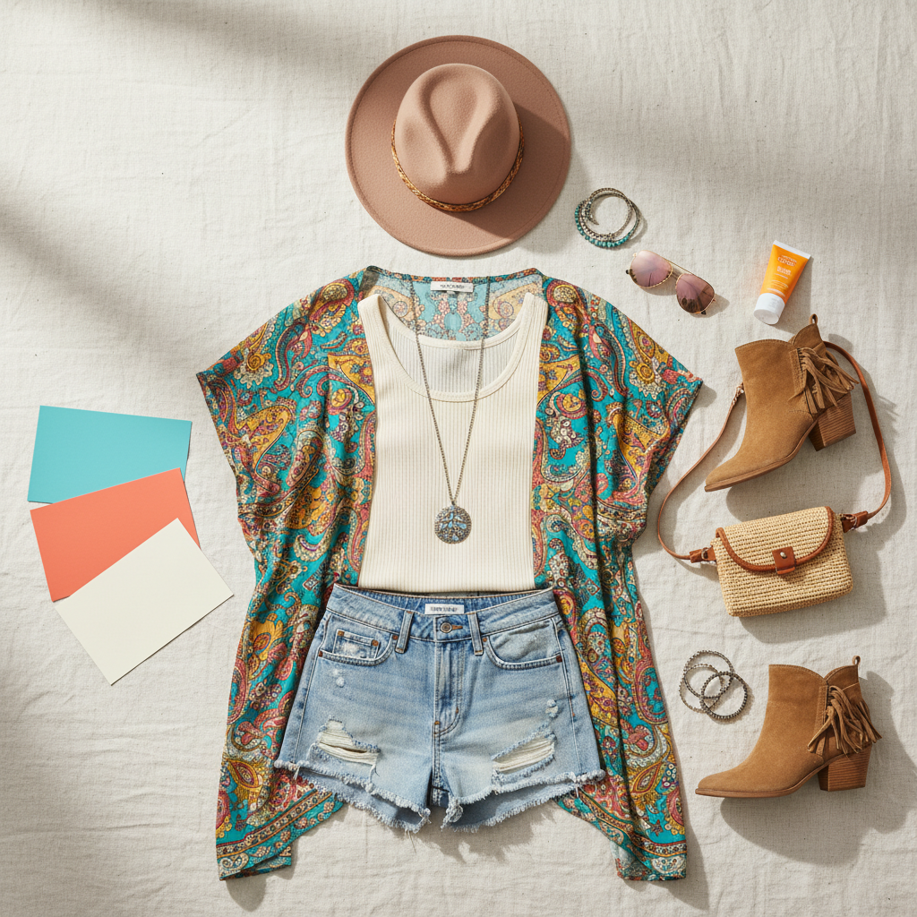 Festival outfit flat lay showing boho colorful palette planning