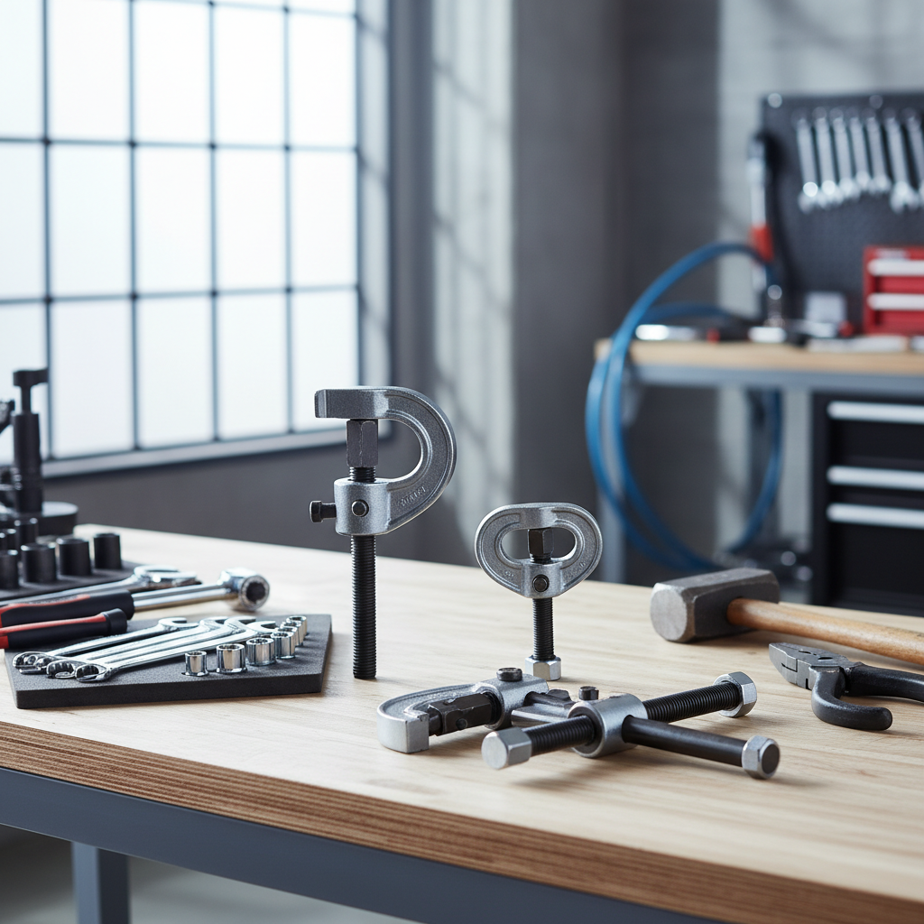 2 jaw and 3 jaw adjustable gear puller set positioned on a workbench