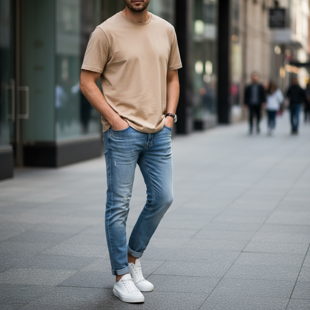 Men wearing casual canvas sneakers with jeans and a simple outfit