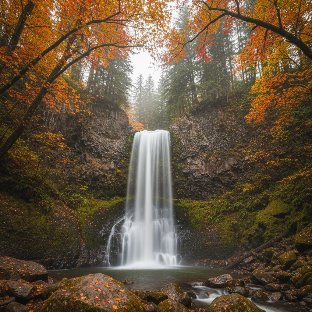 Waterfall in the Pacific Northwest framed by autumn leaves