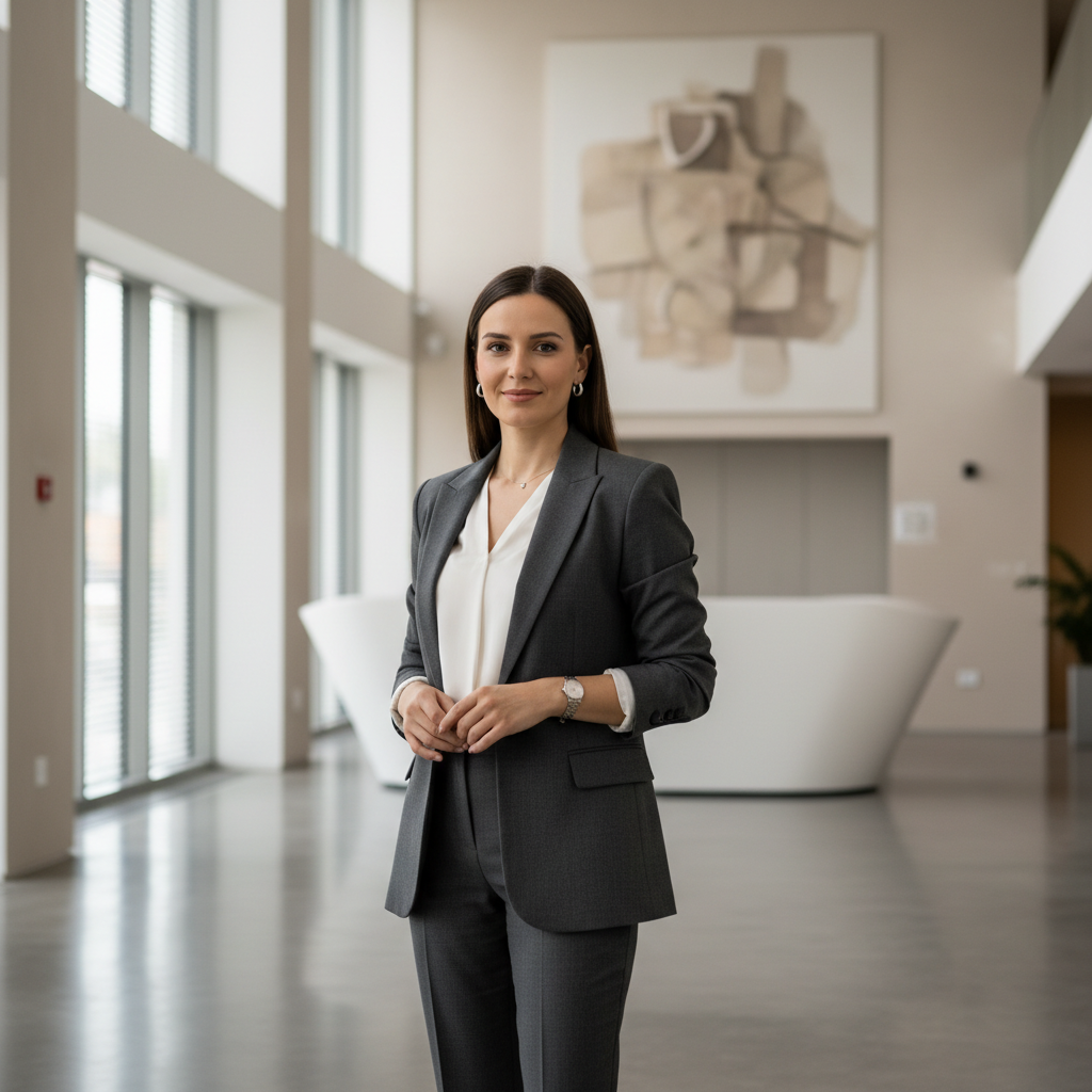 Professional women interview outfit in a modern office lobby