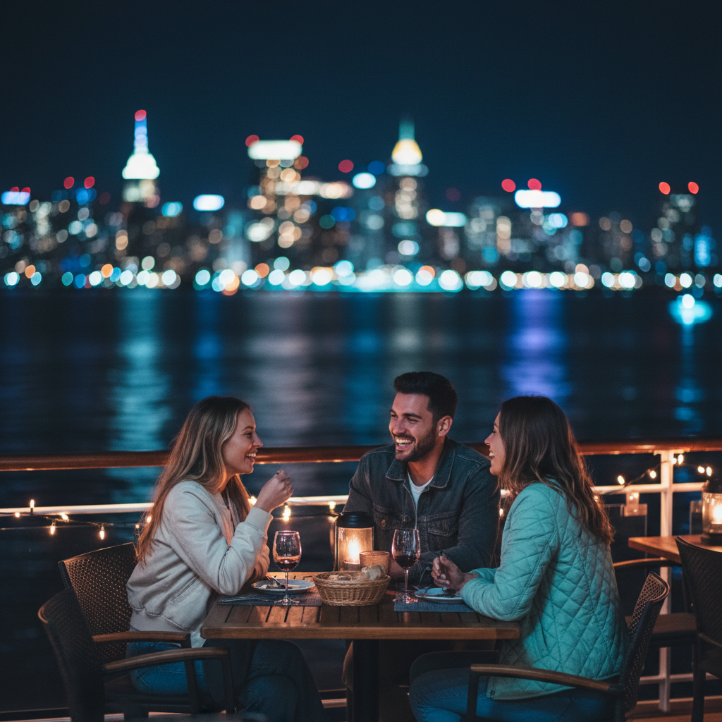 Friends on an outdoor deck during a dinner cruise wearing light jackets with wind and city lights
