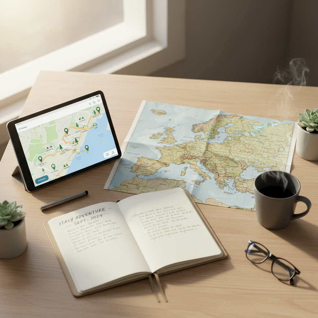 Travel planning table and map for a highland itinerary with scenic stops
