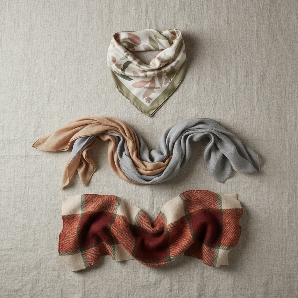Flat lay of different scarf types: silk square, lightweight woven scarf, and wool scarf