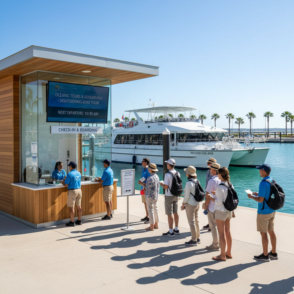 Tour check-in at a marina dock with clear signage and a modern sightseeing boat