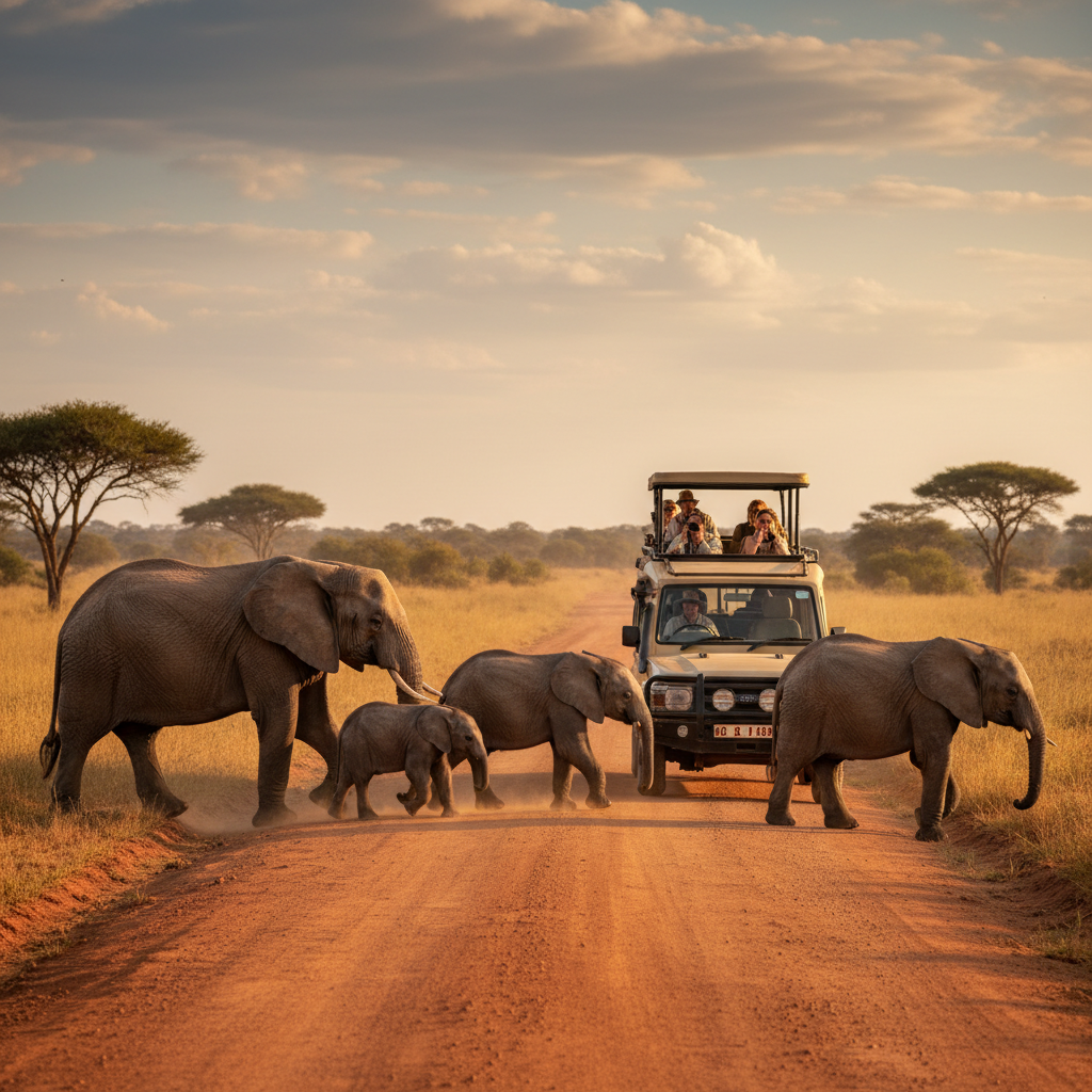 Safari vehicle watching elephants from a safe distance in a national park