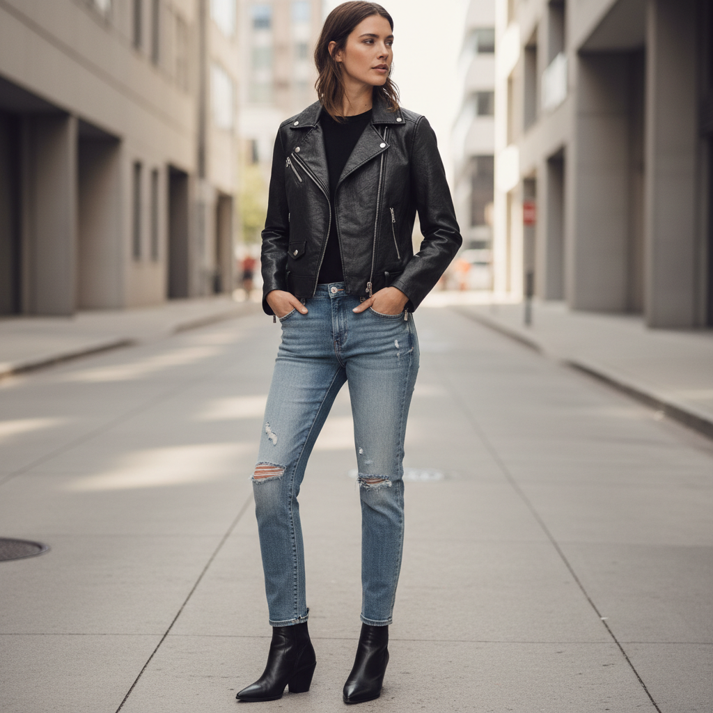 Woman wearing a faux leather biker jacket in a casual city outfit