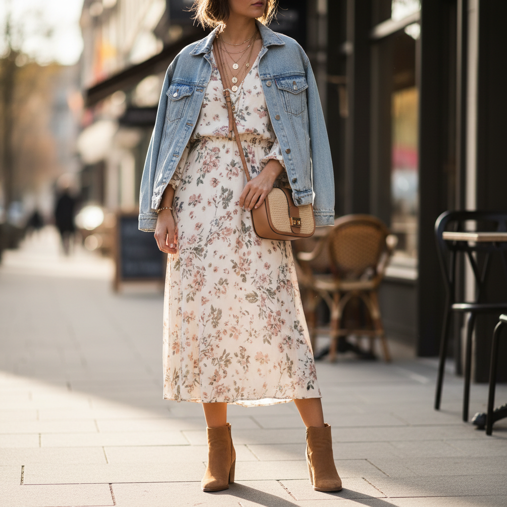 Modern boho outfit with flowy dress, denim jacket, and ankle boots