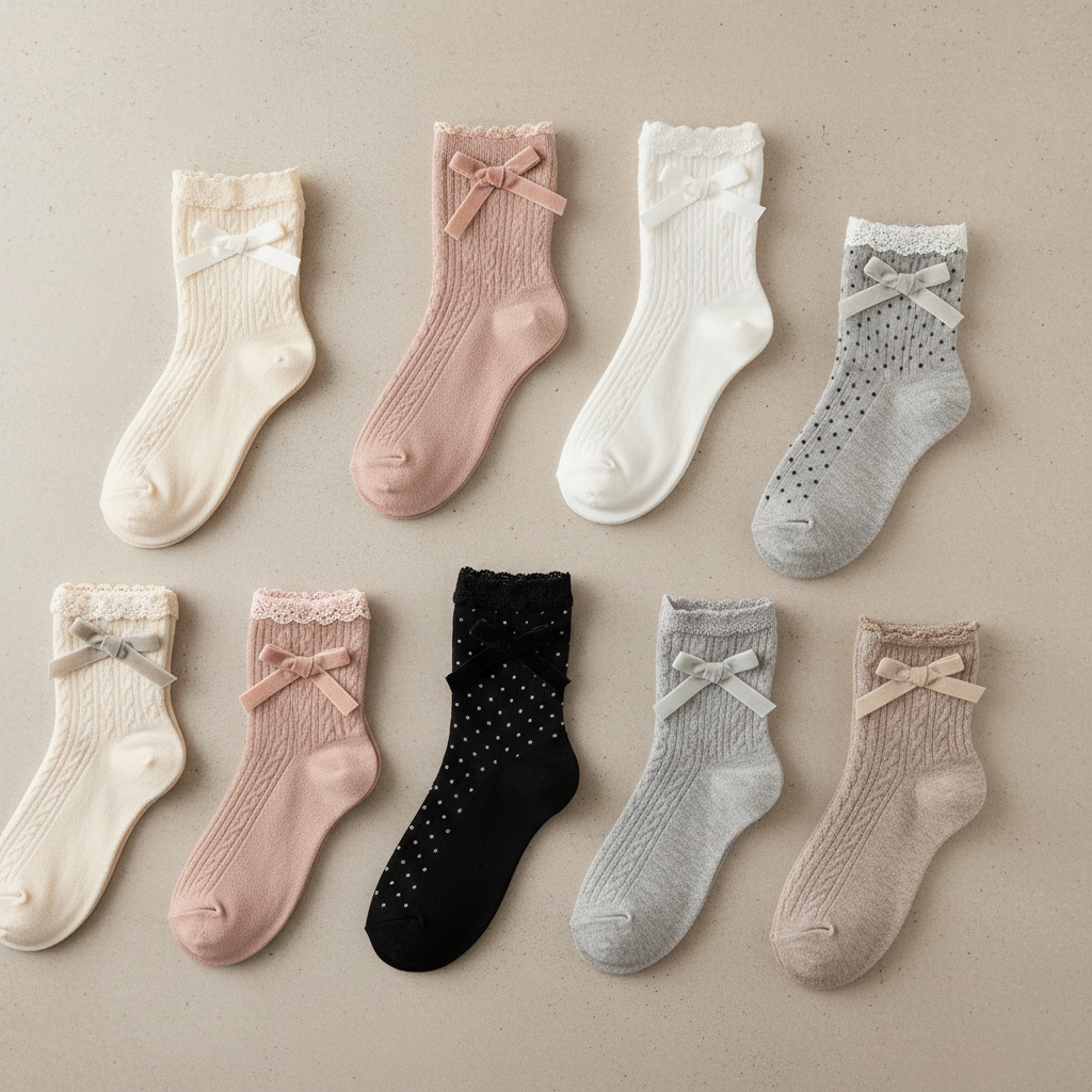 Flat-lay of women ankle socks with bows showing fabric texture and cuff construction