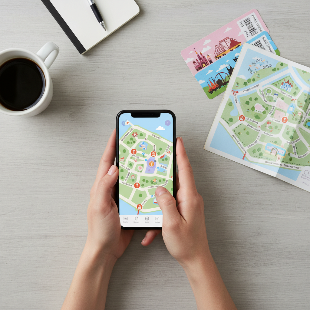 Theme park map planning session with phone app and paper map on a table