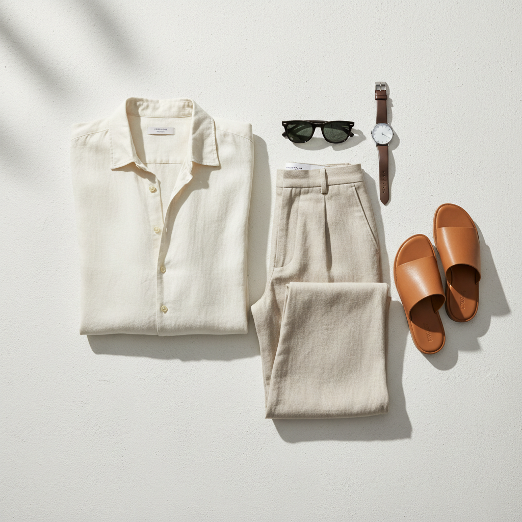 Summer linen outfit flat lay with shirt, trousers, sandals, and accessories