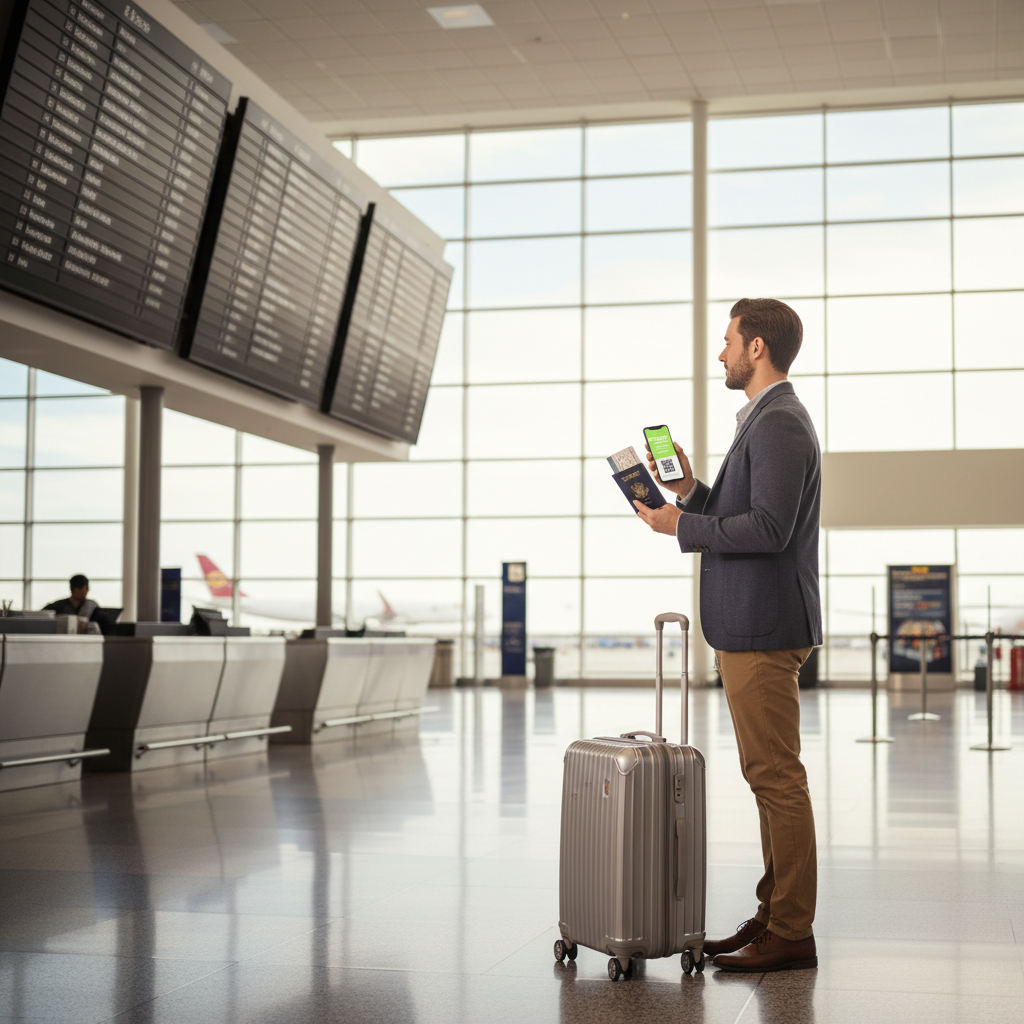 Traveler checking departure board and organizing documents before security