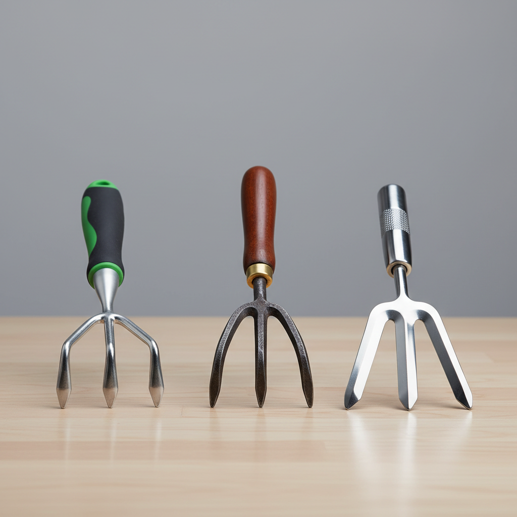 Different 3 tine hand cultivator head shapes and handle materials