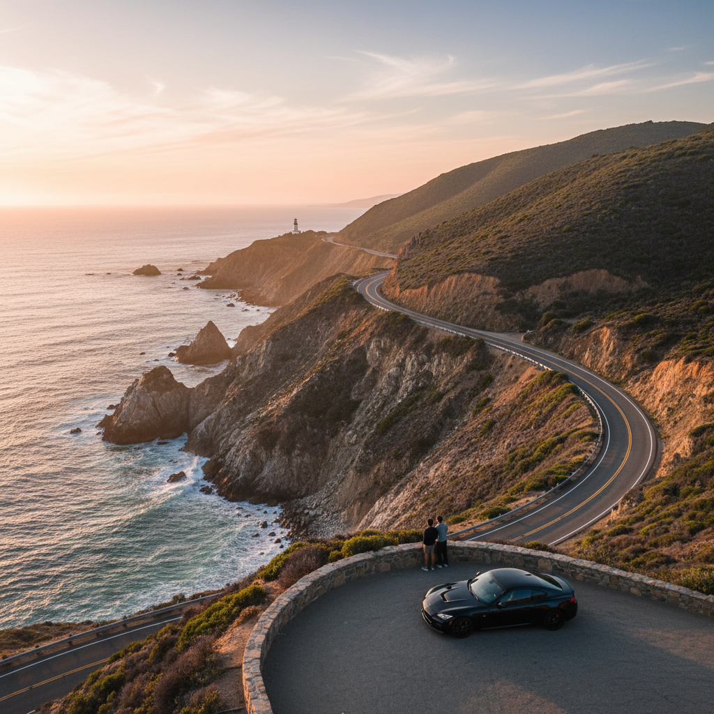 Scenic coastal road trip viewpoint with winding highway and ocean cliffs