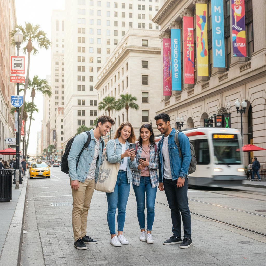 Friends exploring a walkable U.S. city during spring break with transit and museums
