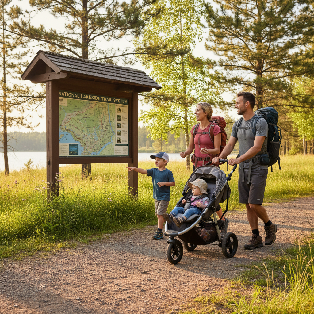 Family arriving at a country park trailhead with stroller and day packs