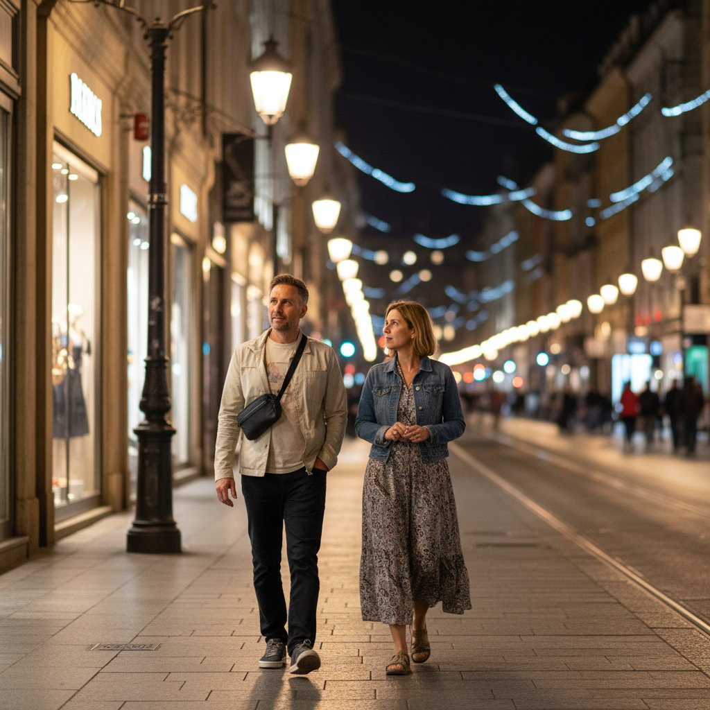 Tourists walking on a well-lit street while staying alert and keeping phones away
