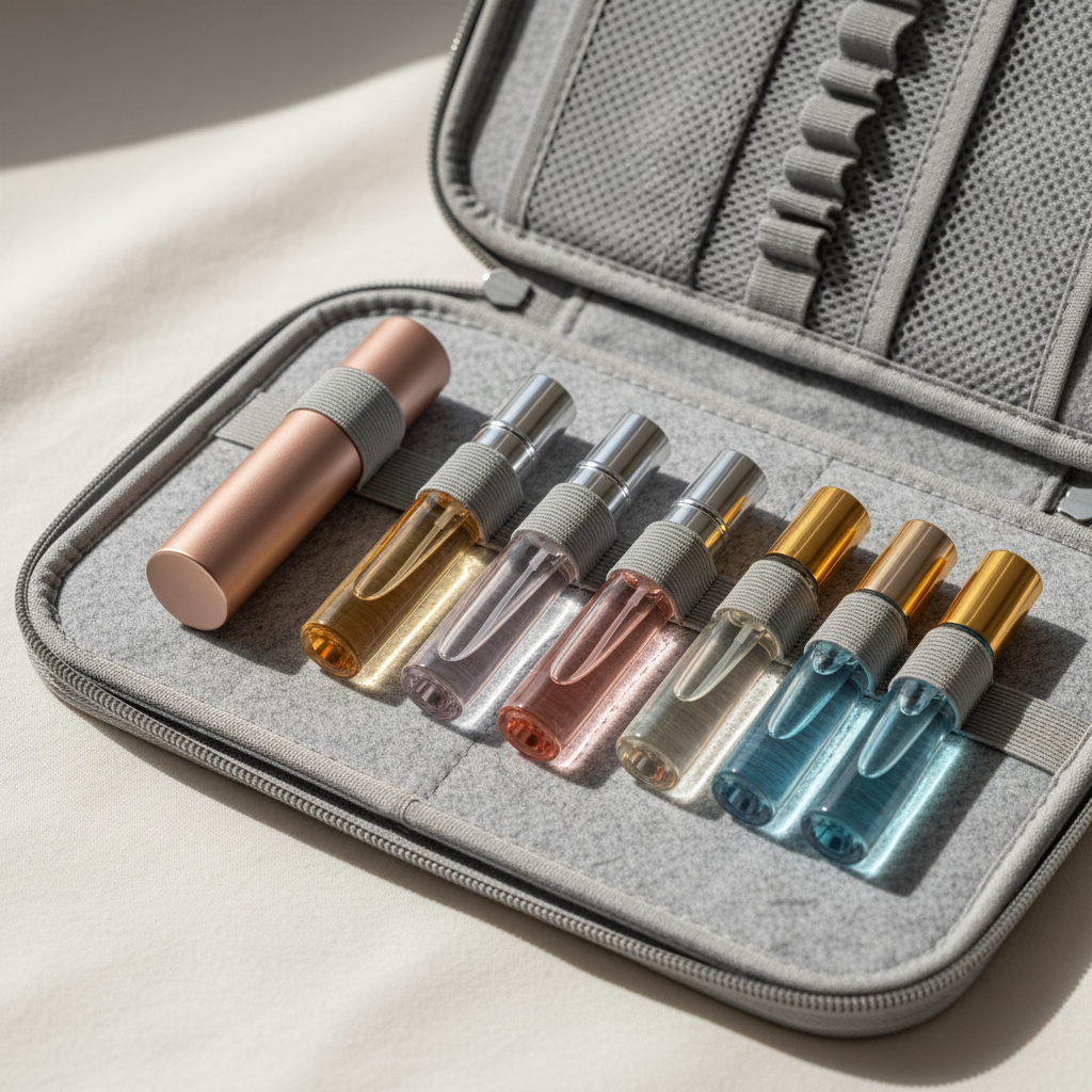 Travel perfume sample size bottles and atomizers arranged for packing