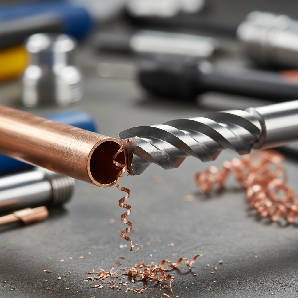 Close-up of inside edge deburring with a pipe reamer on copper tubing