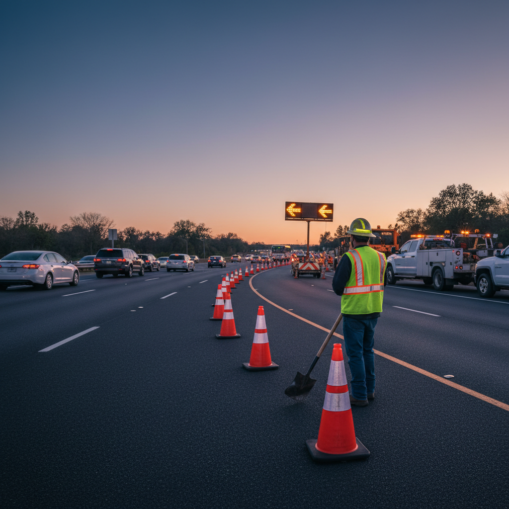 High visibility safety vest used on roadside work zone with cones and vehicles