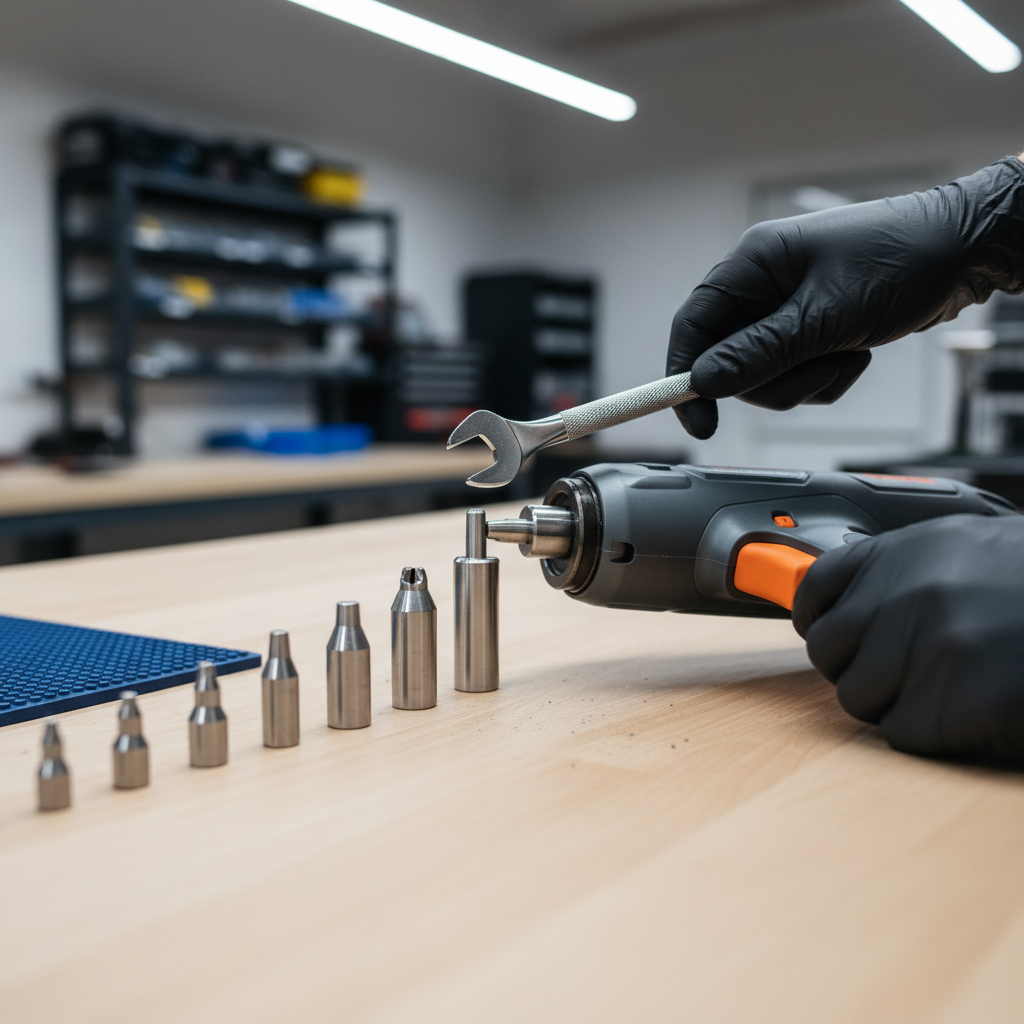 Rivet tips being swapped using a small wrench on a workbench