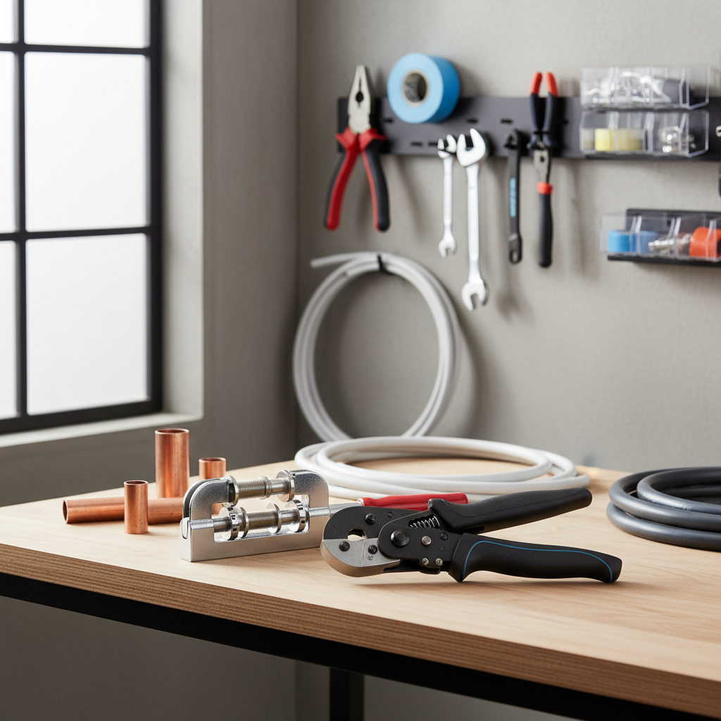 Copper and plastic pipe cutters on a plumbing workbench