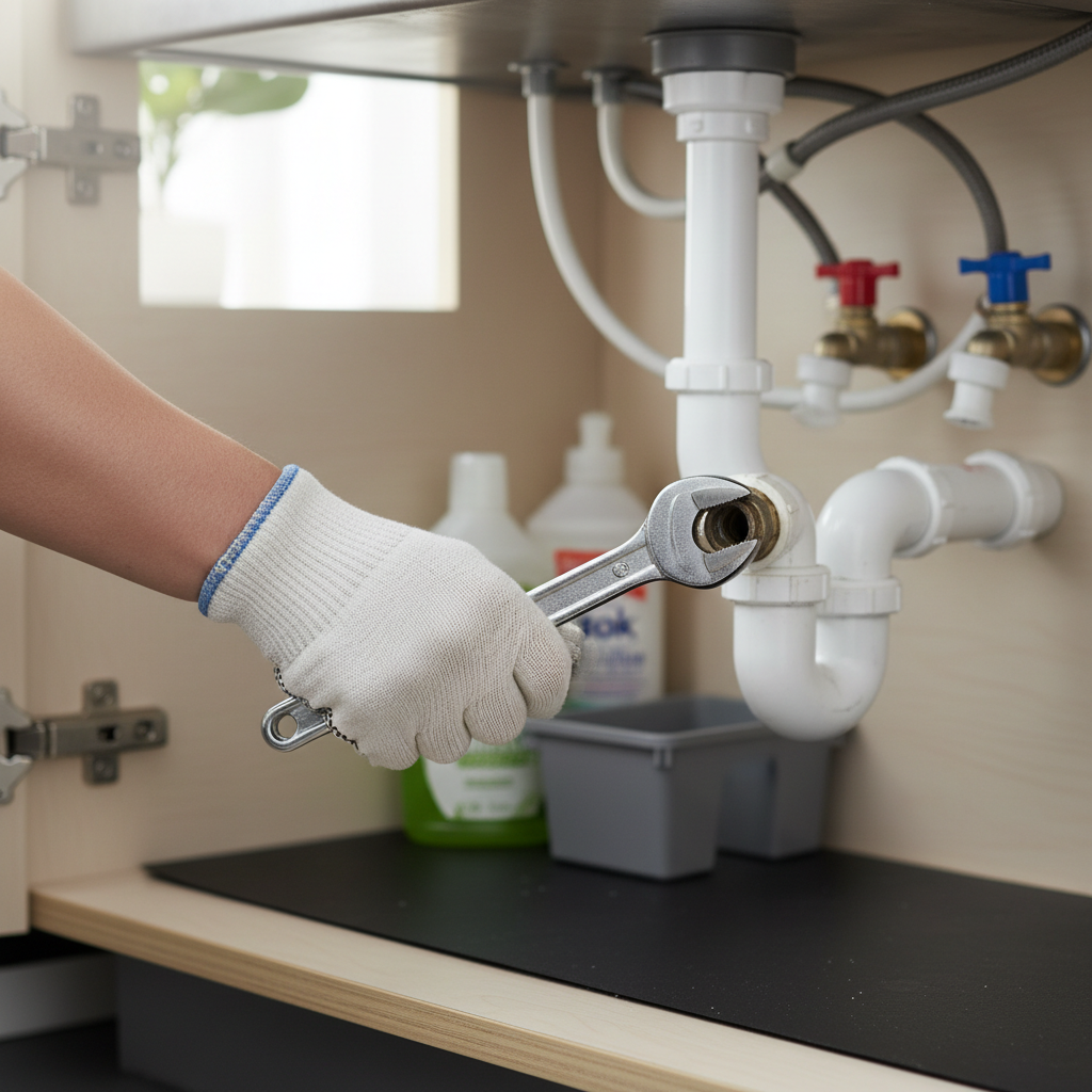 Compact plumber wrench used under a sink in a tight cabinet space
