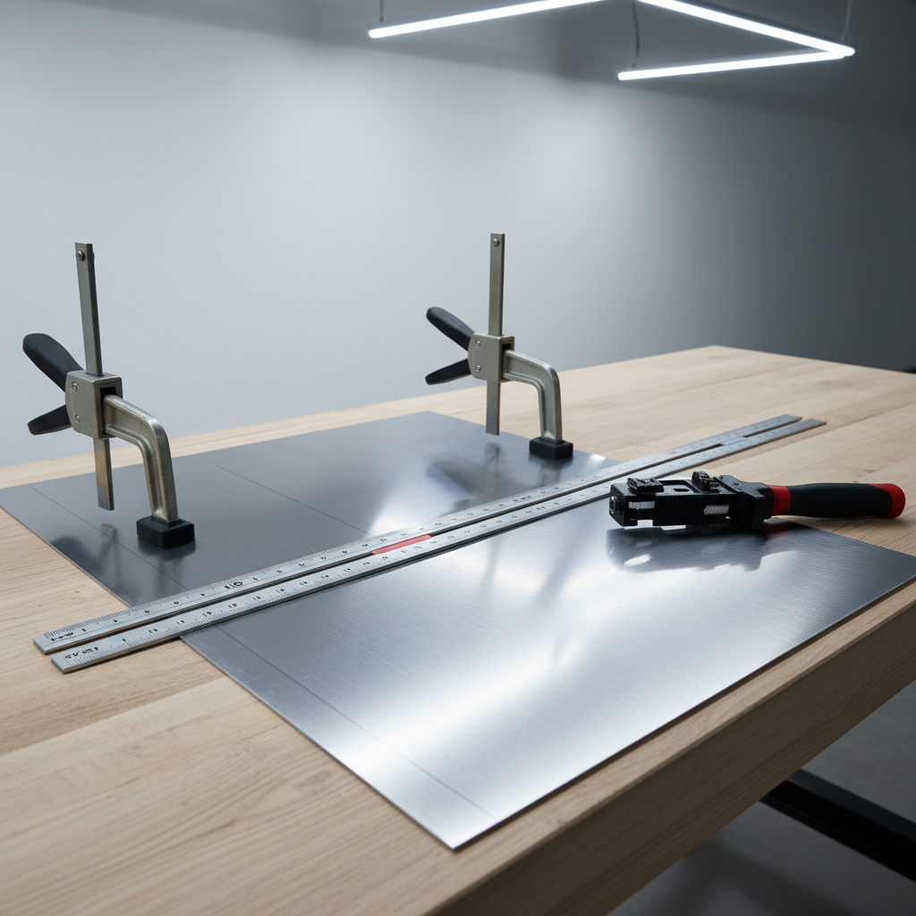 Workbench setup supporting sheet metal for straight cuts with clamps and a straightedge