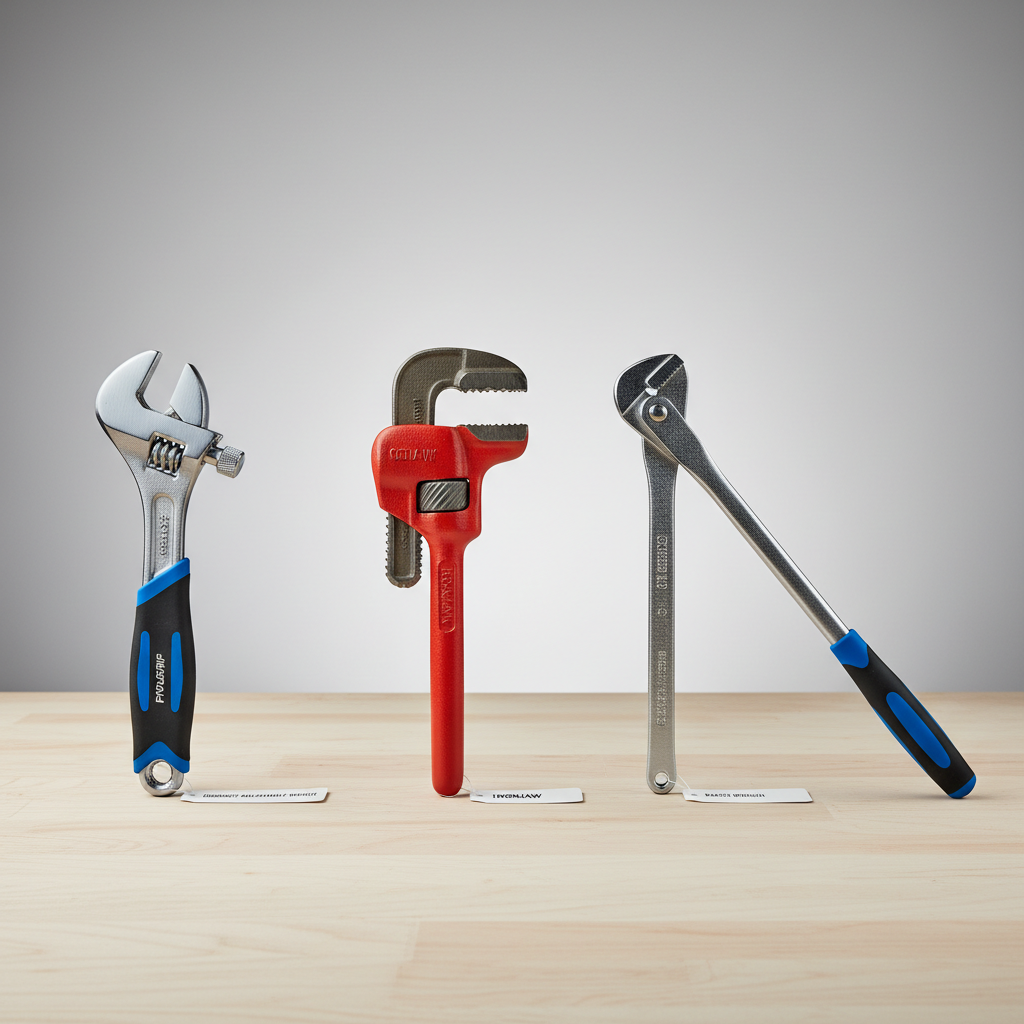 Comparison of compact plumber wrench types on a workbench