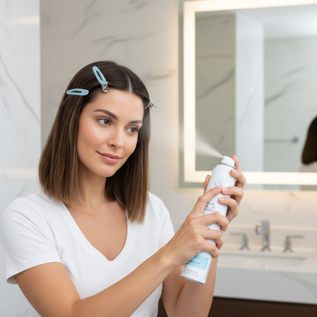 Applying travel dry shampoo no rinse correctly with sectioning at the roots
