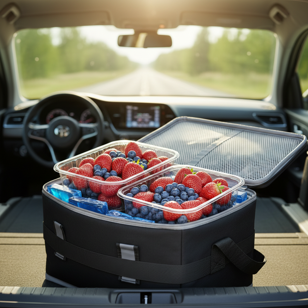 Freshly picked berries stored in a cooler for safe travel
