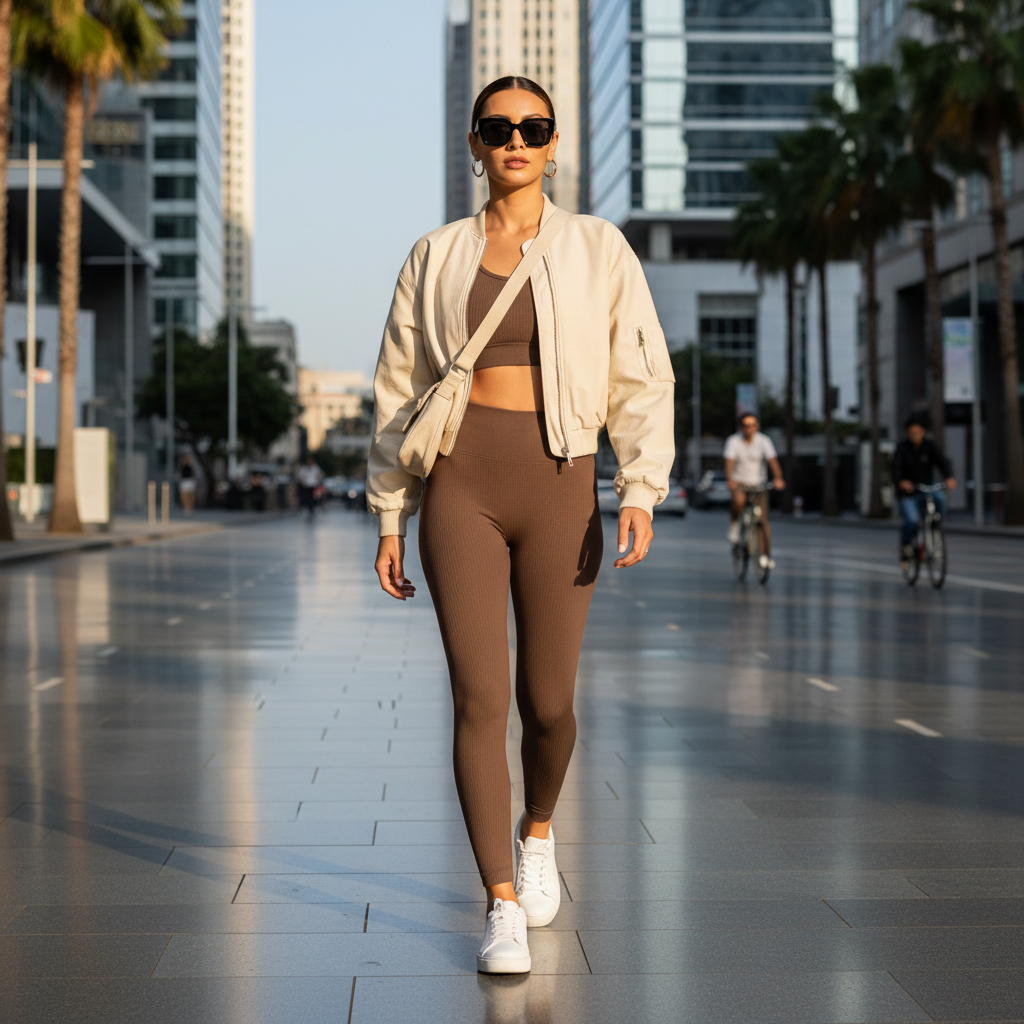 Athleisure street style layering with jacket over matching set in neutral tones