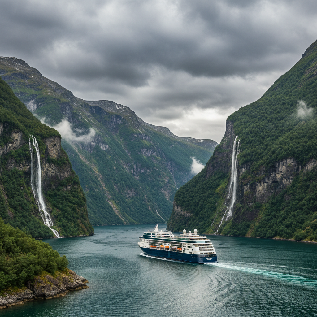 Norwegian fjord cruise ship passing waterfalls and steep cliffs