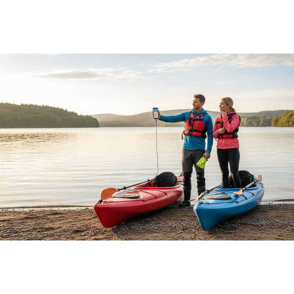 Kayakers checking wind and weather before launching on a lake