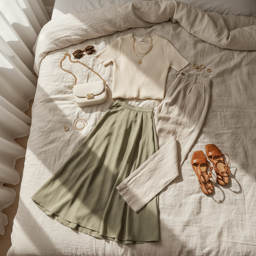 Women choosing brunch outfit pieces including linen pants, knit top, and sandals on a bed