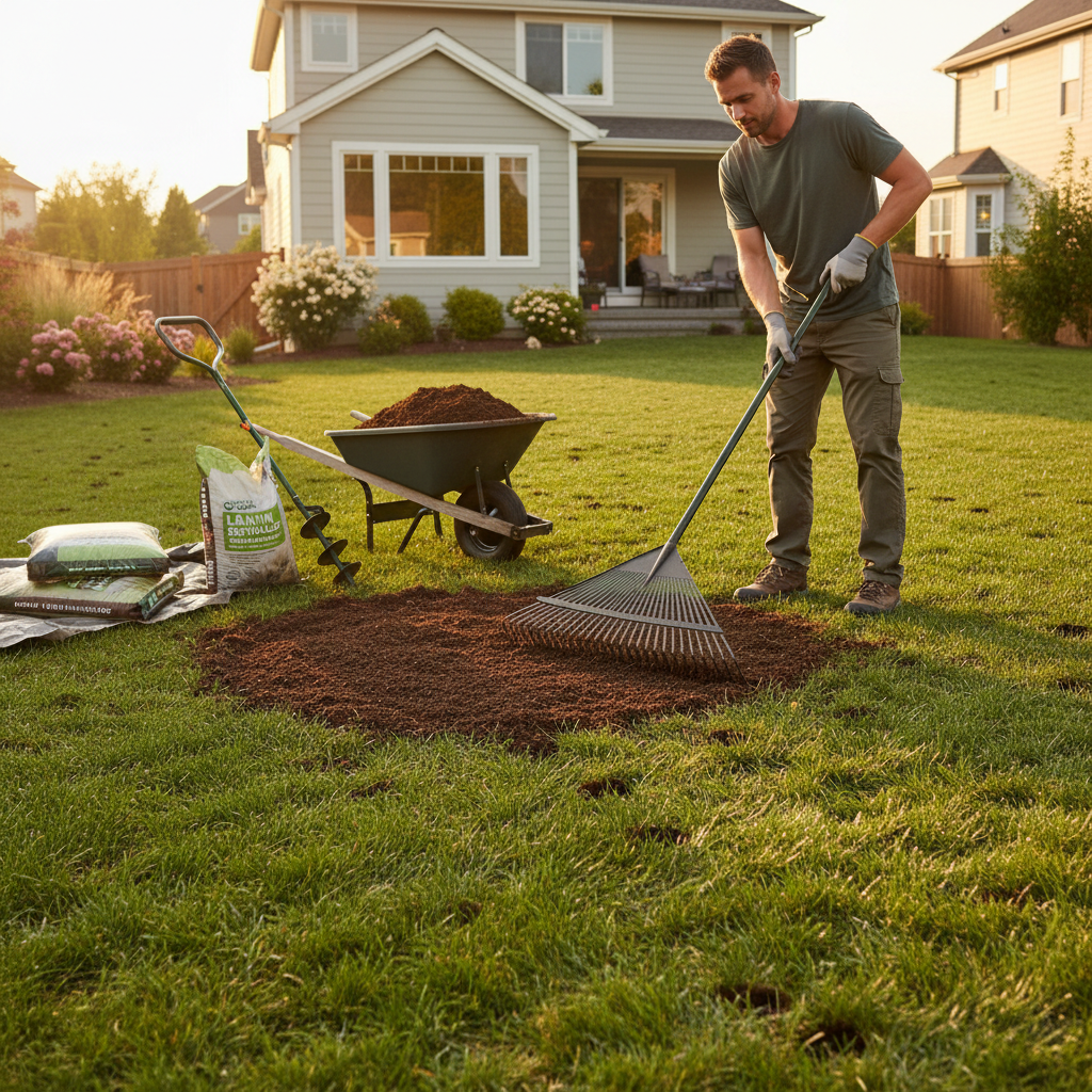 Compost topdressing after manual spike aeration on a residential lawn