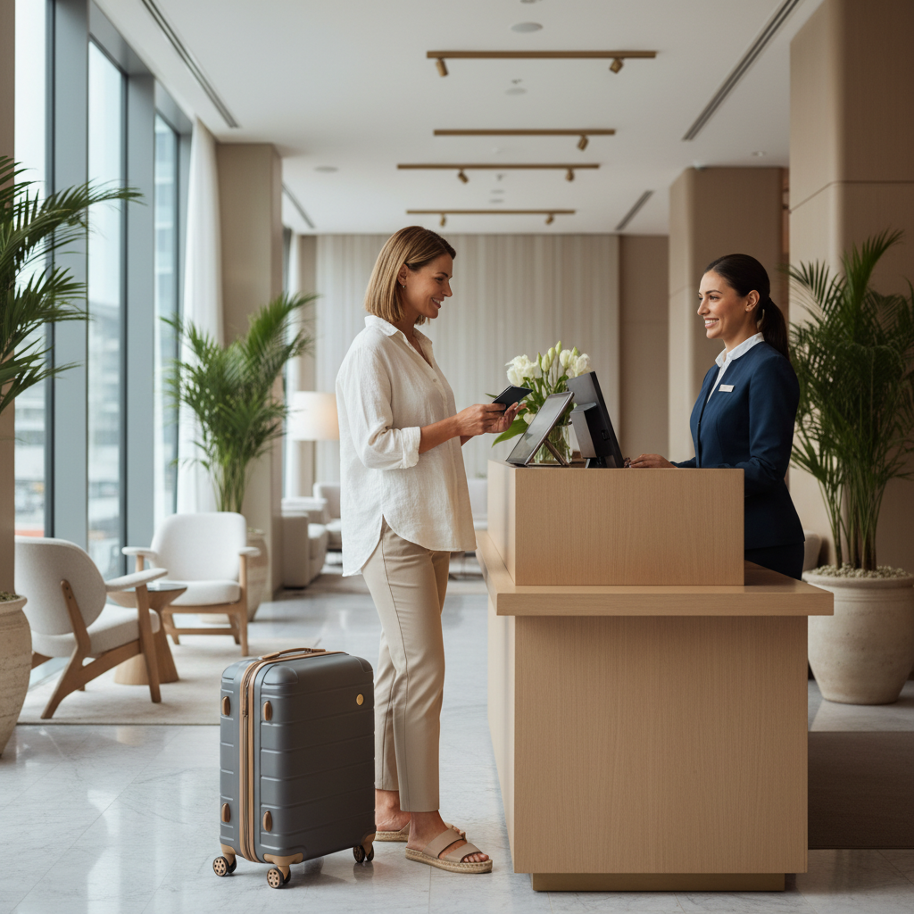 Woman checking into a hotel at reception with luggage in a well-lit lobby