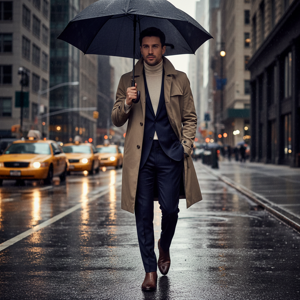 Stylish waterproof men trench coat in a rainy city commute