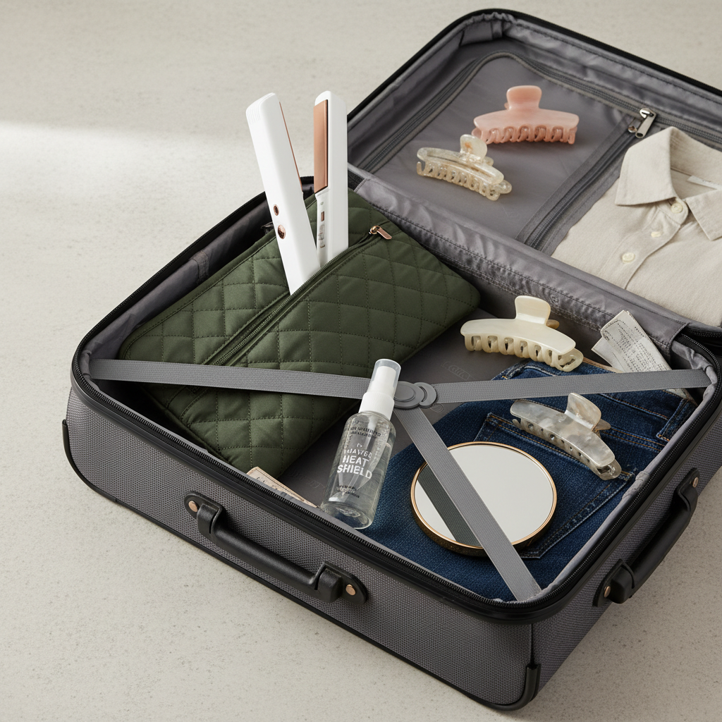 Packing a mini travel hair straightener with heat-resistant pouch and toiletries