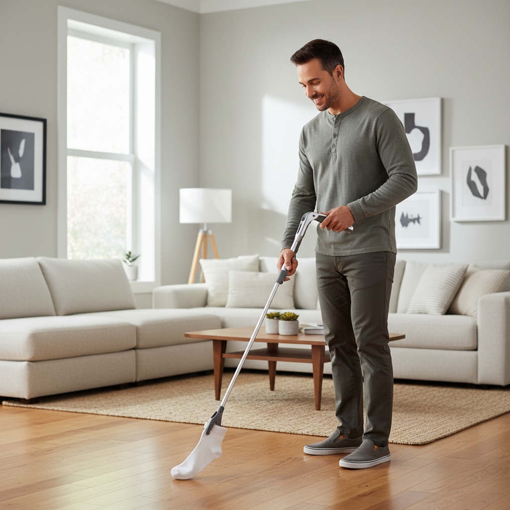 Person using a foldable long reach grabber tool to pick up a sock from the floor safely