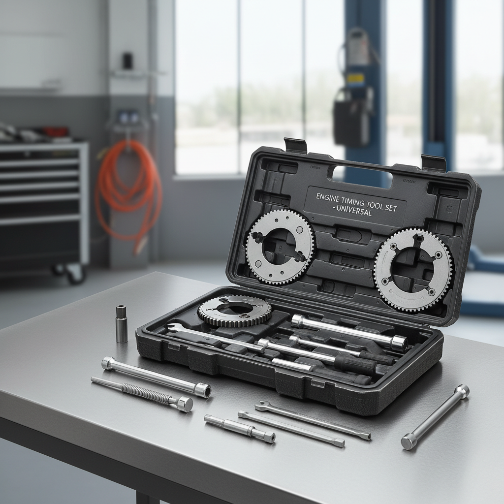 Engine timing belt tool kit laid out with cam locks, crank pin, and tensioner tools