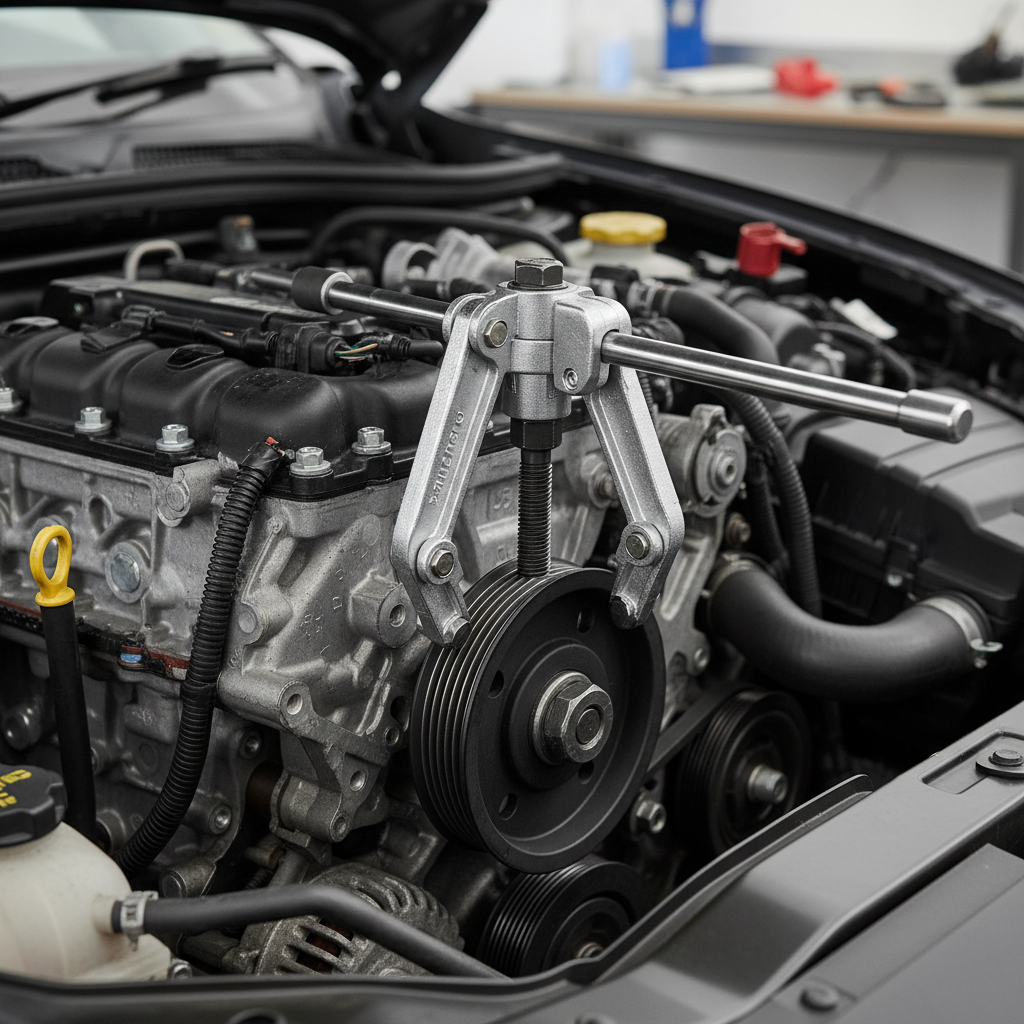 Small pulley puller removal tool positioned on a compact pulley in a tight engine bay
